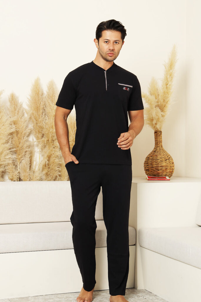 Erkek Pijama Takımı - Lacivert Arma Nakışlı Likralı Kısa Kollu Penye 1194KY - 1