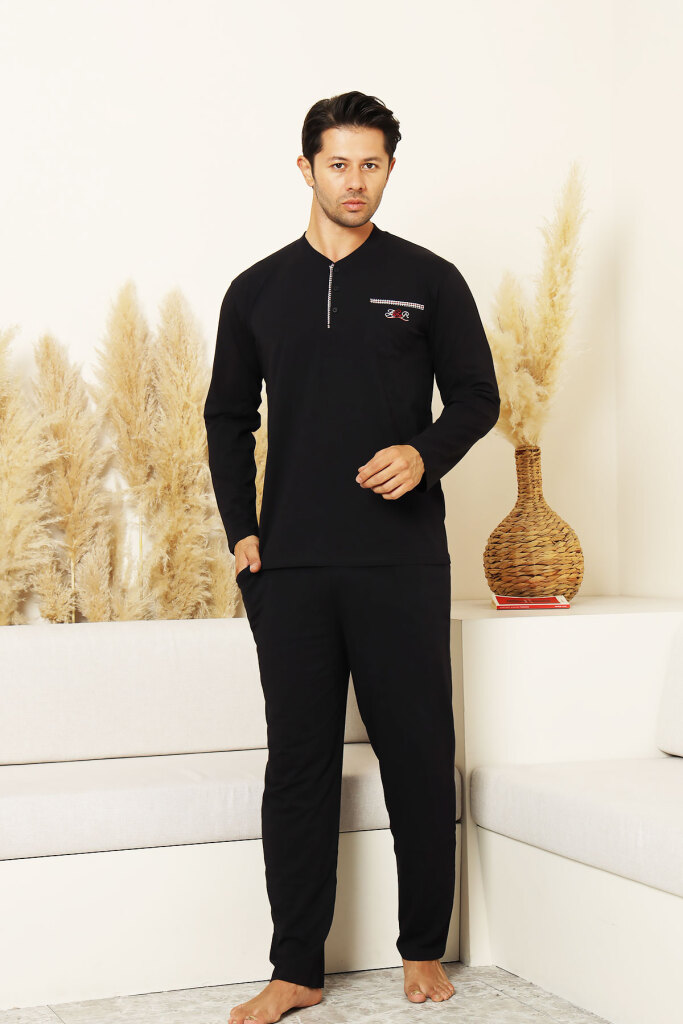 Erkek Pijama Takımı - Lacivert Arma Nakışlı Likralı Uzun Kollu Penye 1194UY - 1