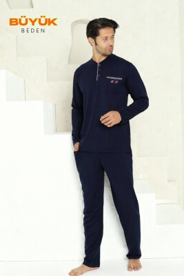 Erkek Pijama Takımı - Lacivert Arma Nakışlı Likralı Uzun Kollu Penye 1194UK - 1