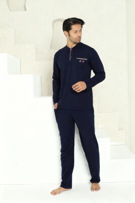 Erkek Pijama Takımı - Lacivert Arma Nakışlı Likralı Uzun Kollu Penye 1194UY - Alimer