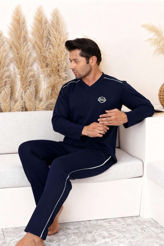 Erkek Pijama Takımı - Lacivert Arma Nakışlı V Yaka Uzun Kollu Penye 1216UK - 2