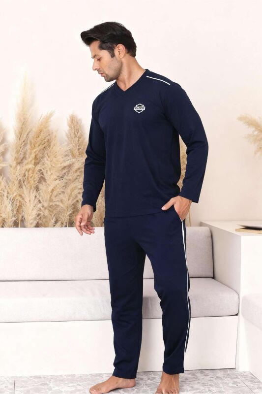 Erkek Pijama Takımı - Lacivert Arma Nakışlı V Yaka Uzun Kollu Penye 1216UK - 1