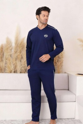Erkek Pijama Takımı - Lacivert Arma Nakışlı V Yaka Uzun Kollu Penye 1216UK - 3