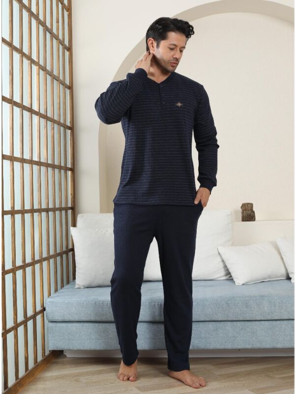 Erkek Pijama Takımı - Lacivert Çizgili Kışlık İnterlok 1221UK - 2