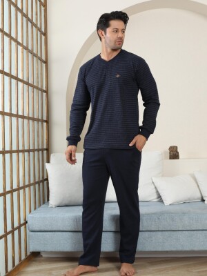Erkek Pijama Takımı - Lacivert Çizgili Kışlık İnterlok 1221UK - 1