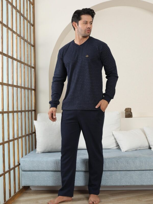 Erkek Pijama Takımı - Lacivert Çizgili Kışlık İnterlok 1221UK - 1