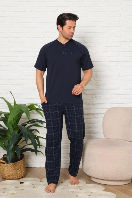 Erkek Pijama Takımı - Lacivert Ekoseli Kısa Kollu Penye 1224KY - 1