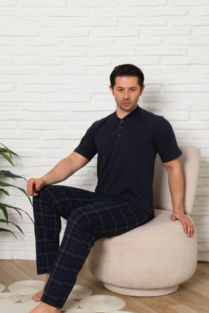 Erkek Pijama Takımı - Lacivert Ekoseli Kısa Kollu Penye 1224KY - 2