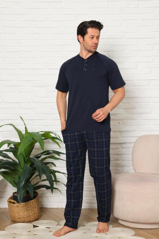 Erkek Pijama Takımı - Lacivert Ekoseli Kısa Kollu Penye 1224KY - 3
