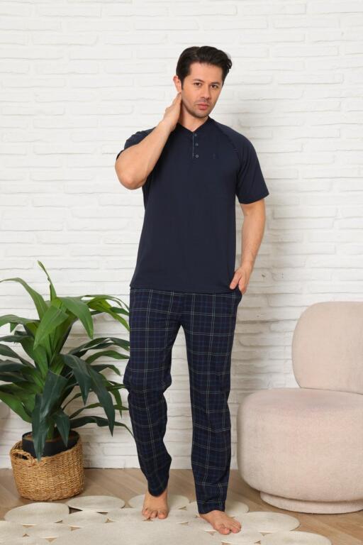 Erkek Pijama Takımı - Lacivert Ekoseli Kısa Kollu Penye 1224KY - 4