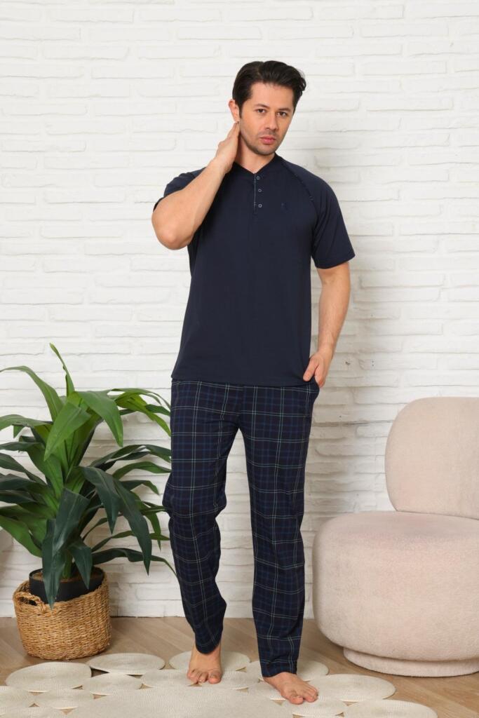 Erkek Pijama Takımı - Lacivert Ekoseli Kısa Kollu Penye 1224KY - 4