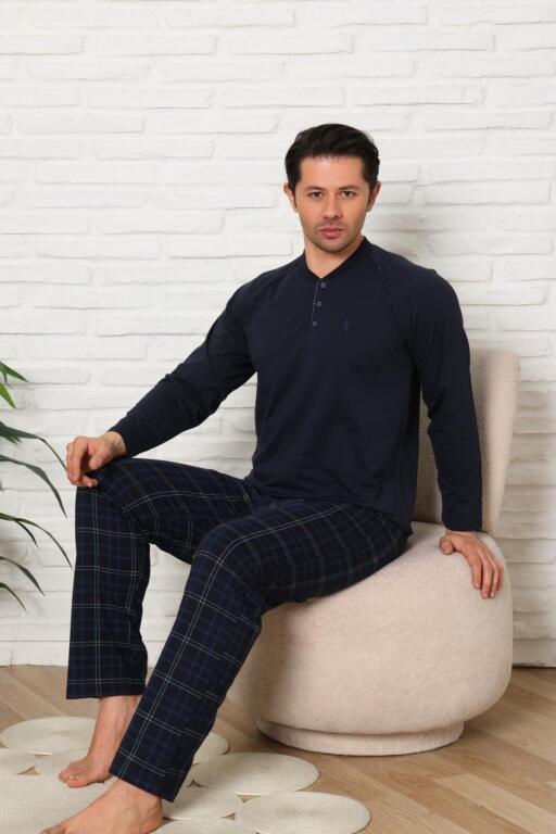 Erkek Pijama Takımı - Lacivert Ekoseli Uzun Kollu Penye 1224UY - Alimer (1)