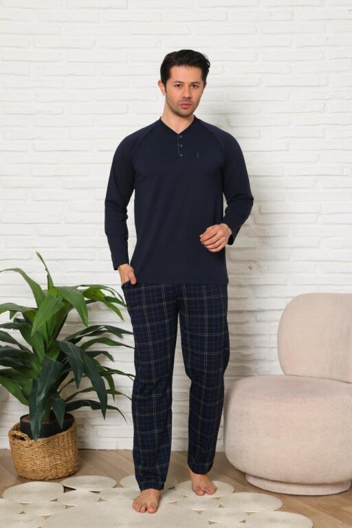 Erkek Pijama Takımı - Lacivert Ekoseli Uzun Kollu Penye 1224UY - 1