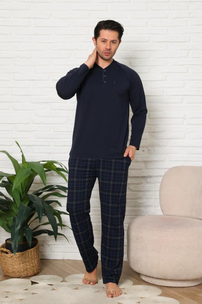 Erkek Pijama Takımı - Lacivert Ekoseli Uzun Kollu Penye 1224UY - 3
