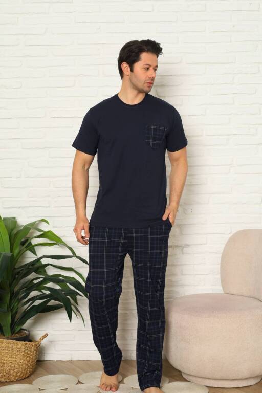 Erkek Pijama Takımı - Lacivert Kareli Kısa Kollu Penye 1223KY - 1