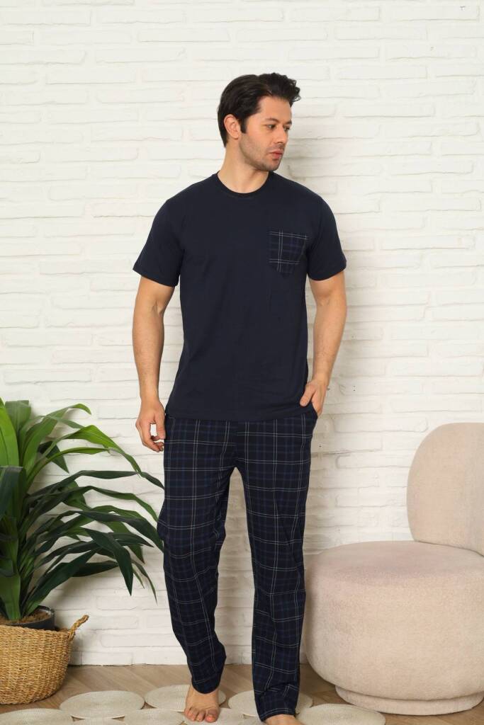 Erkek Pijama Takımı - Lacivert Kareli Kısa Kollu Penye 1223KY - 1