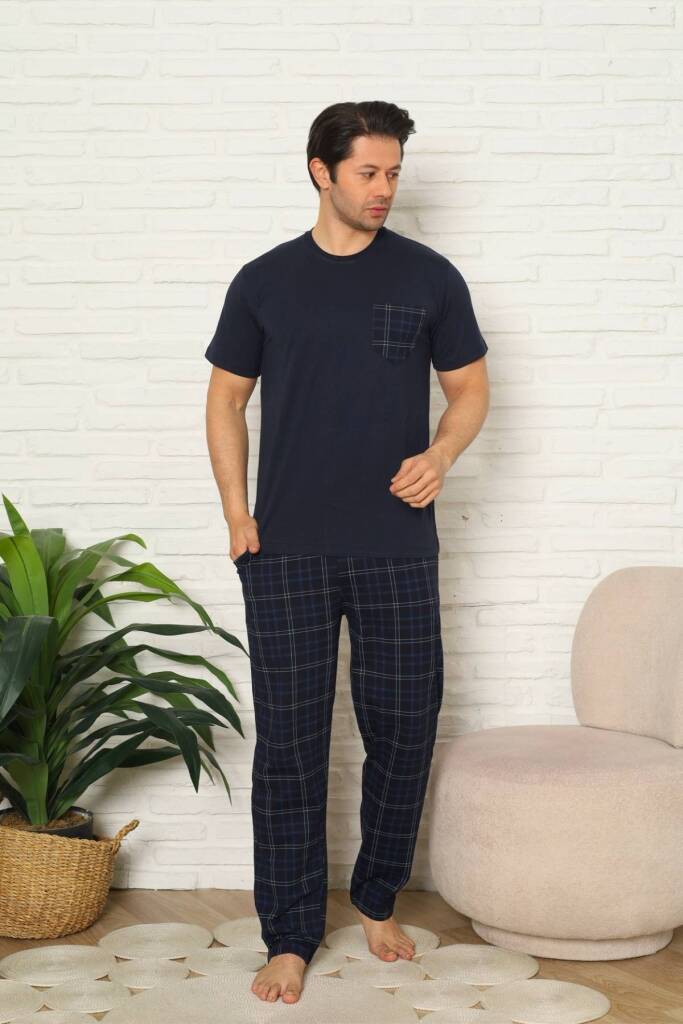 Erkek Pijama Takımı - Lacivert Kareli Kısa Kollu Penye 1223KY - 3