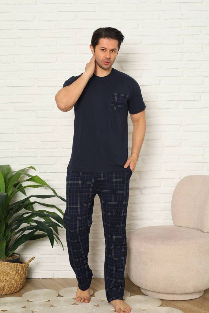 Erkek Pijama Takımı - Lacivert Kareli Kısa Kollu Penye 1223KY - 4