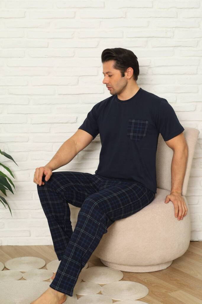 Erkek Pijama Takımı - Lacivert Kareli Kısa Kollu Penye 1223KY - 2