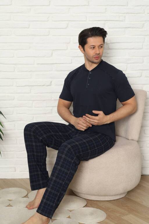 Erkek Pijama Takımı - Lacivert Kareli Kısa Kollu Penye 1227KY - 2