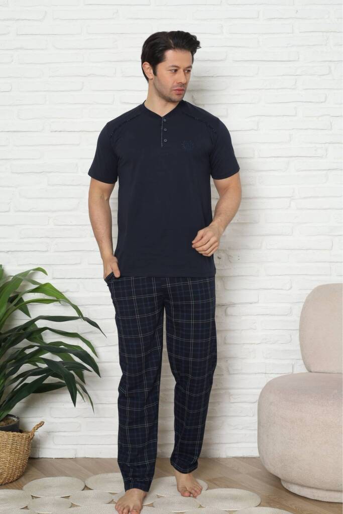 Erkek Pijama Takımı - Lacivert Kareli Kısa Kollu Penye 1227KY - 1