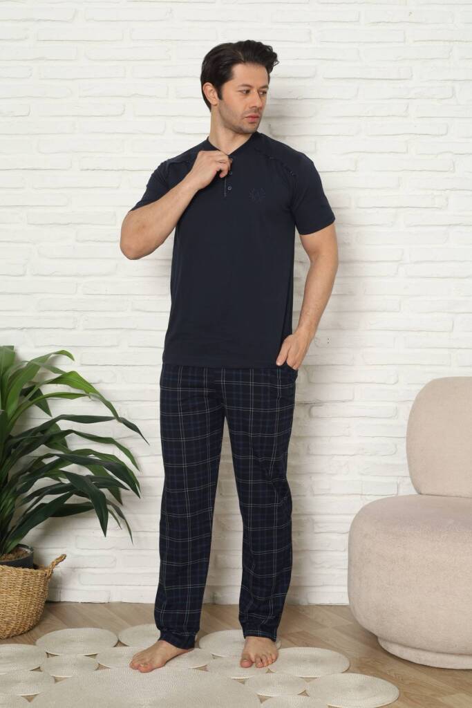 Erkek Pijama Takımı - Lacivert Kareli Kısa Kollu Penye 1227KY - 3