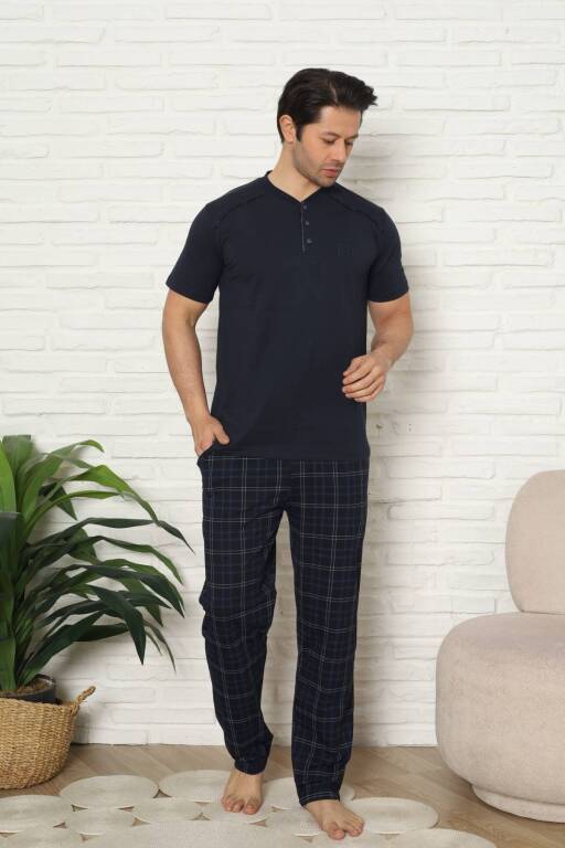 Erkek Pijama Takımı - Lacivert Kareli Kısa Kollu Penye 1227KY - 4