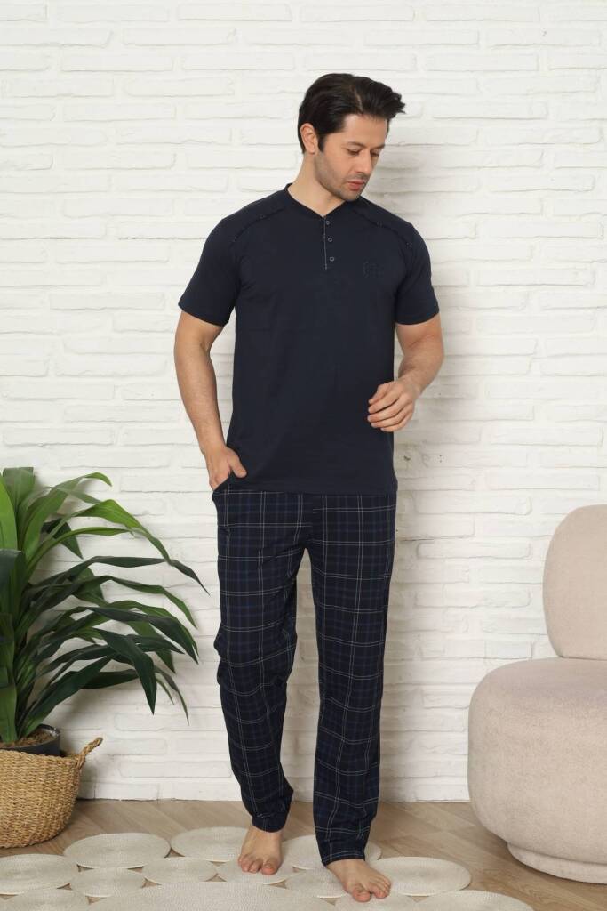 Erkek Pijama Takımı - Lacivert Kareli Kısa Kollu Penye 1227KY - 4