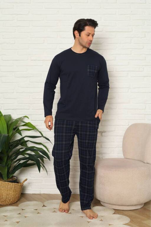 Erkek Pijama Takımı - Lacivert Kareli Uzun Kollu Penye 1223UY - 3