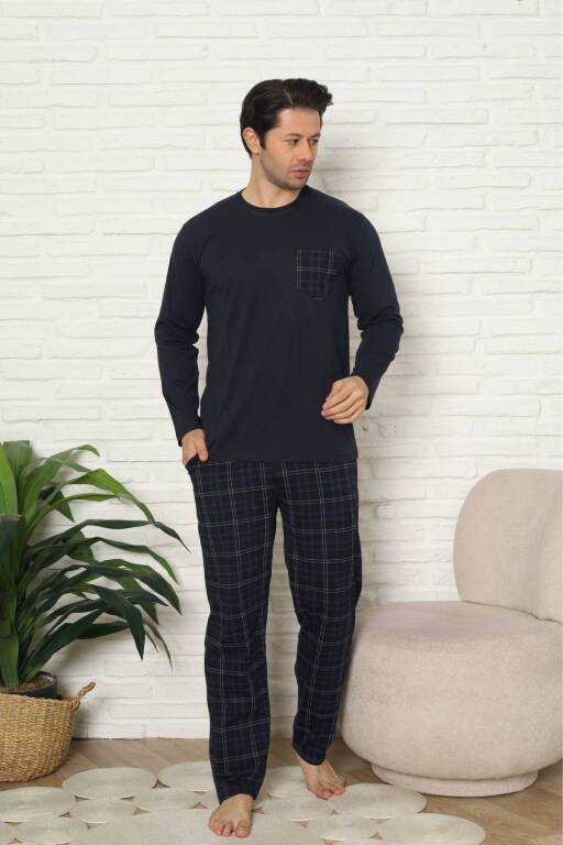 Erkek Pijama Takımı - Lacivert Kareli Uzun Kollu Penye 1223UY - 1