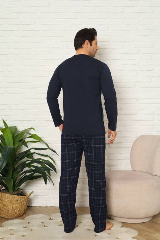 Erkek Pijama Takımı - Lacivert Kareli Uzun Kollu Penye 1223UY - 4