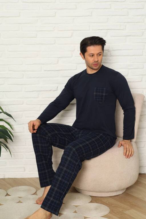 Erkek Pijama Takımı - Lacivert Kareli Uzun Kollu Penye 1223UY - 2