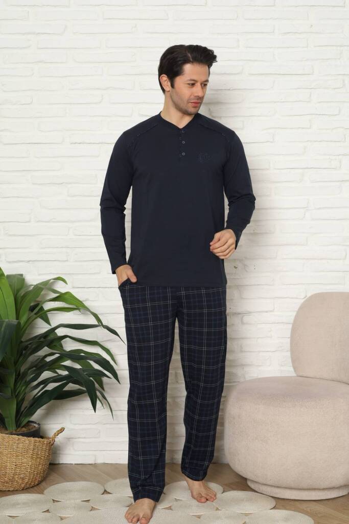 Erkek Pijama Takımı - Lacivert Kareli Uzun Kollu Penye 1227UY - 1