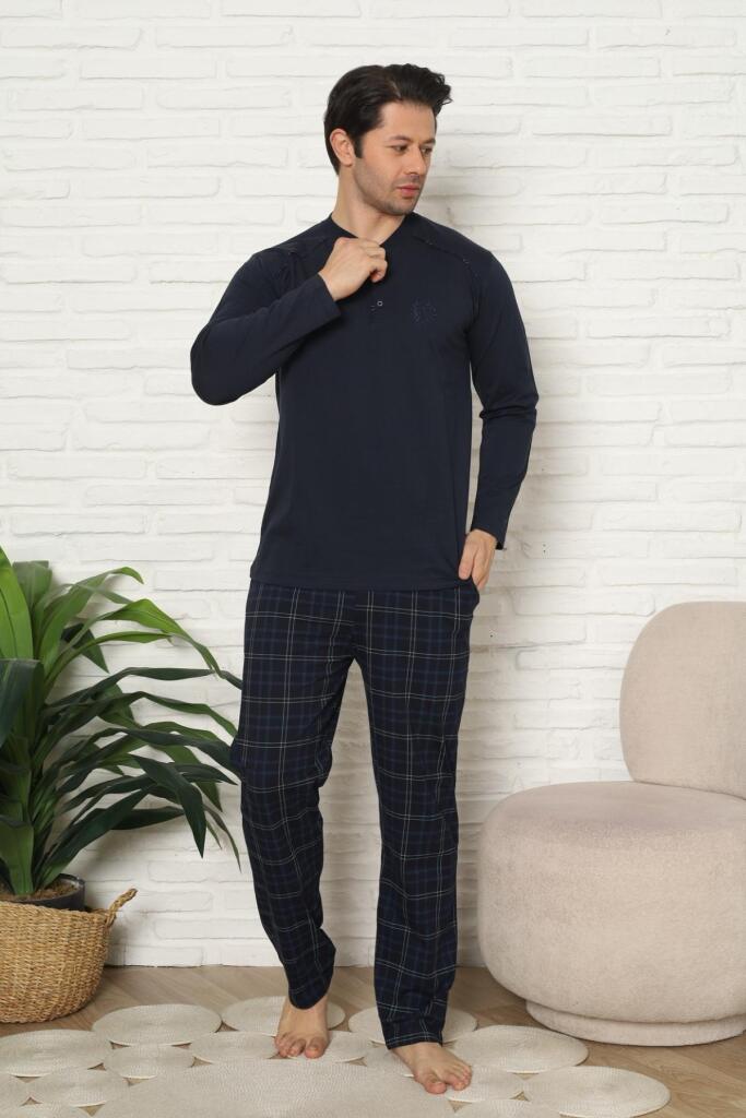 Erkek Pijama Takımı - Lacivert Kareli Uzun Kollu Penye 1227UY - 3