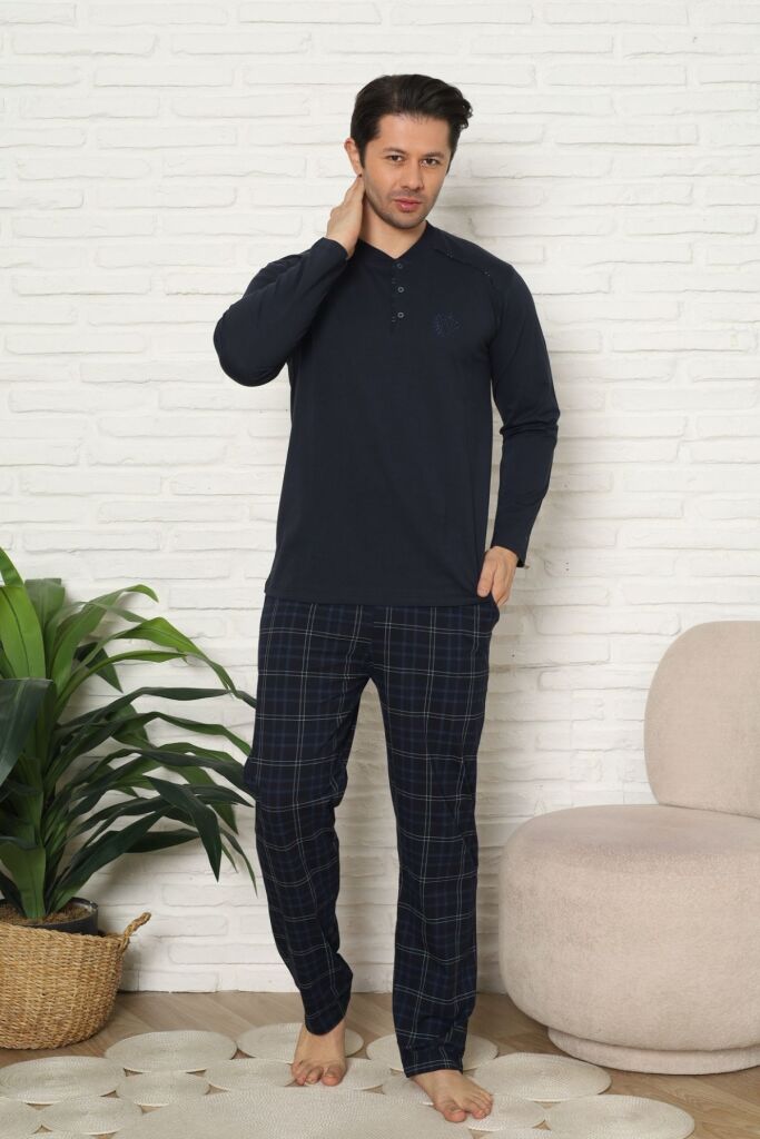 Erkek Pijama Takımı - Lacivert Kareli Uzun Kollu Penye 1227UY - 4