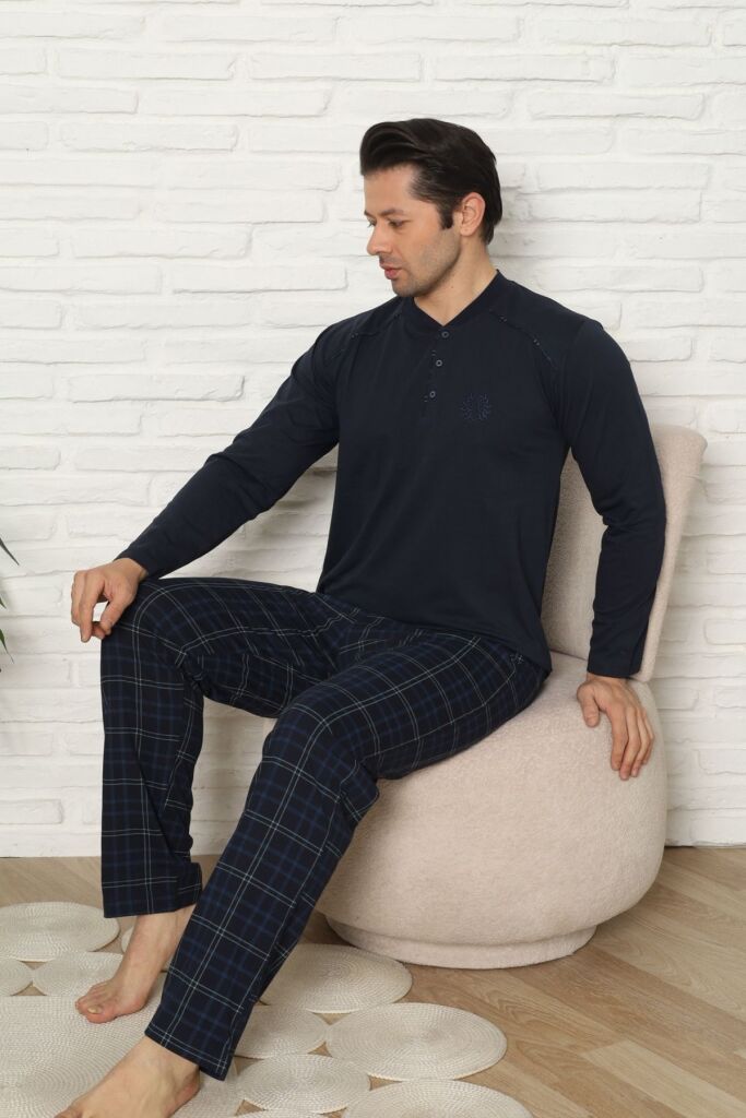 Erkek Pijama Takımı - Lacivert Kareli Uzun Kollu Penye 1227UY - 2