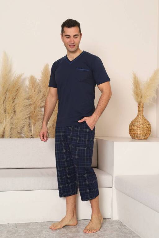 Erkek Pijama Takımı - Lacivert Kareli V Yaka Bermuda Penye 1225B - Alimer (1)