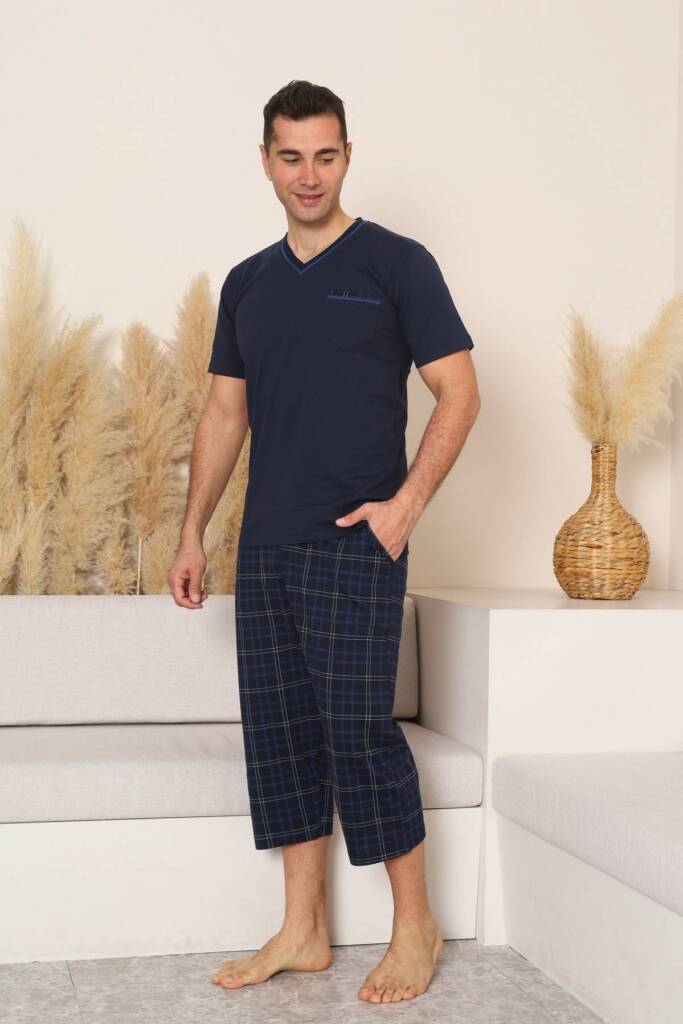 Erkek Pijama Takımı - Lacivert Kareli V Yaka Bermuda Penye 1225B - 2