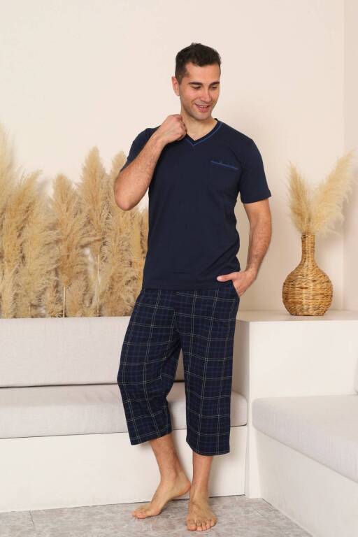 Erkek Pijama Takımı - Lacivert Kareli V Yaka Bermuda Penye 1225B - 3
