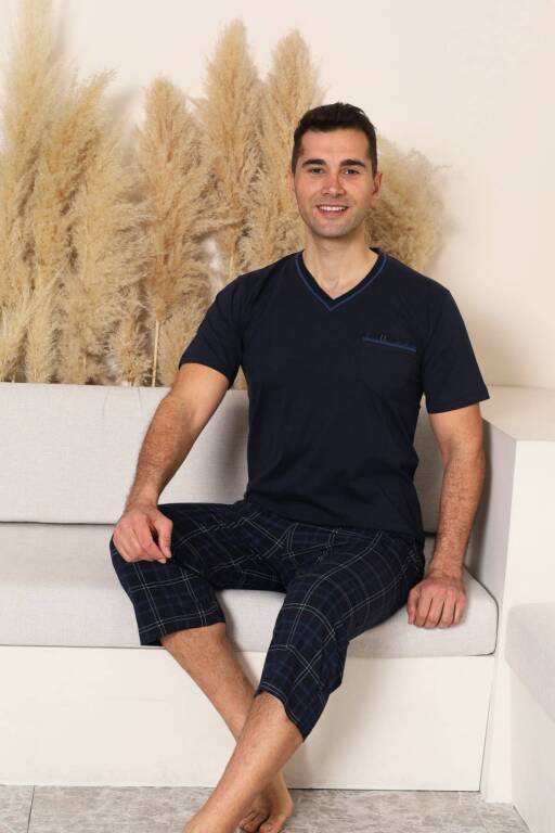 Erkek Pijama Takımı - Lacivert Kareli V Yaka Bermuda Penye 1225B - 4