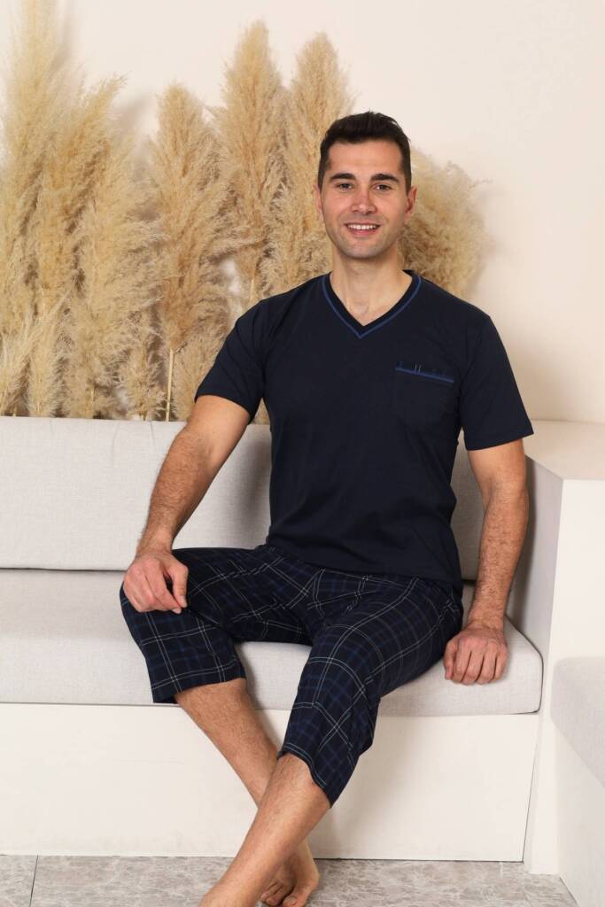 Erkek Pijama Takımı - Lacivert Kareli V Yaka Bermuda Penye 1225B - 4
