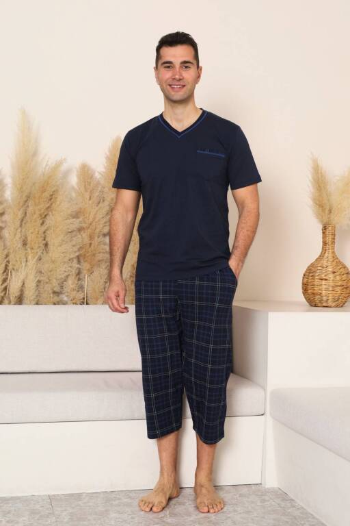 Erkek Pijama Takımı - Lacivert Kareli V Yaka Bermuda Penye 1225B - Alimer