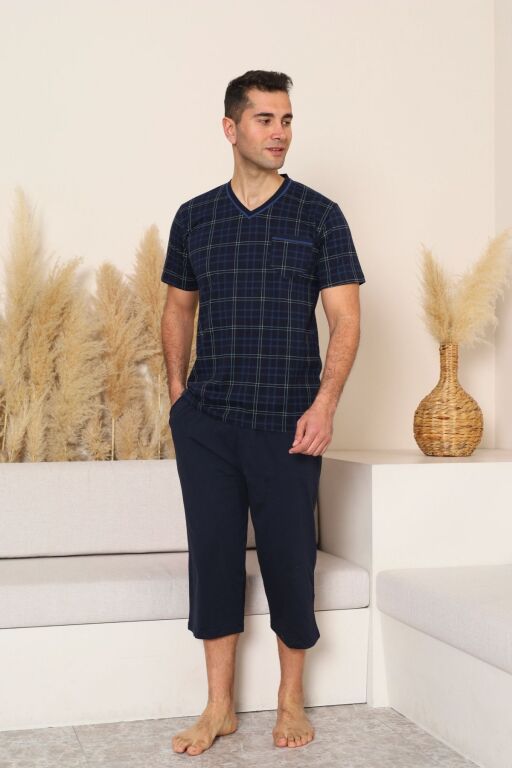 Erkek Pijama Takımı - Lacivert Kareli V Yaka Bermuda Penye 1226B - 3