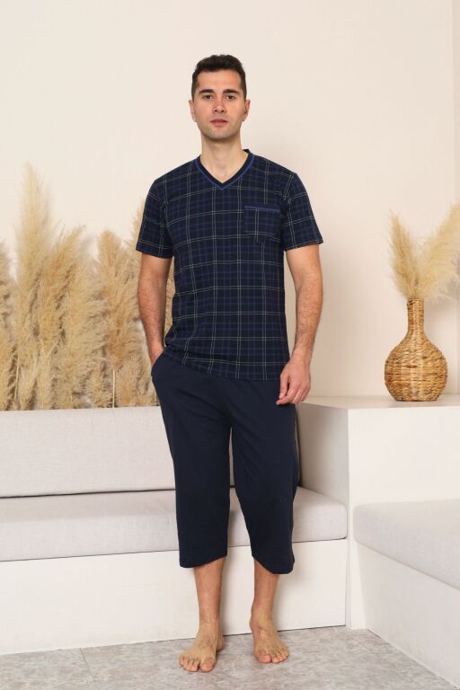 Erkek Pijama Takımı - Lacivert Kareli V Yaka Bermuda Penye 1226B - Alimer