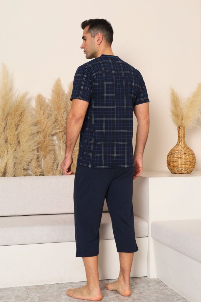 Erkek Pijama Takımı - Lacivert Kareli V Yaka Bermuda Penye 1226B - 4