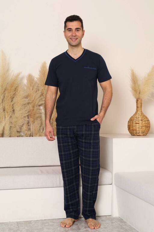 Erkek Pijama Takımı - Lacivert Kareli V Yaka Kısa Kollu Penye 1225KY - Alimer