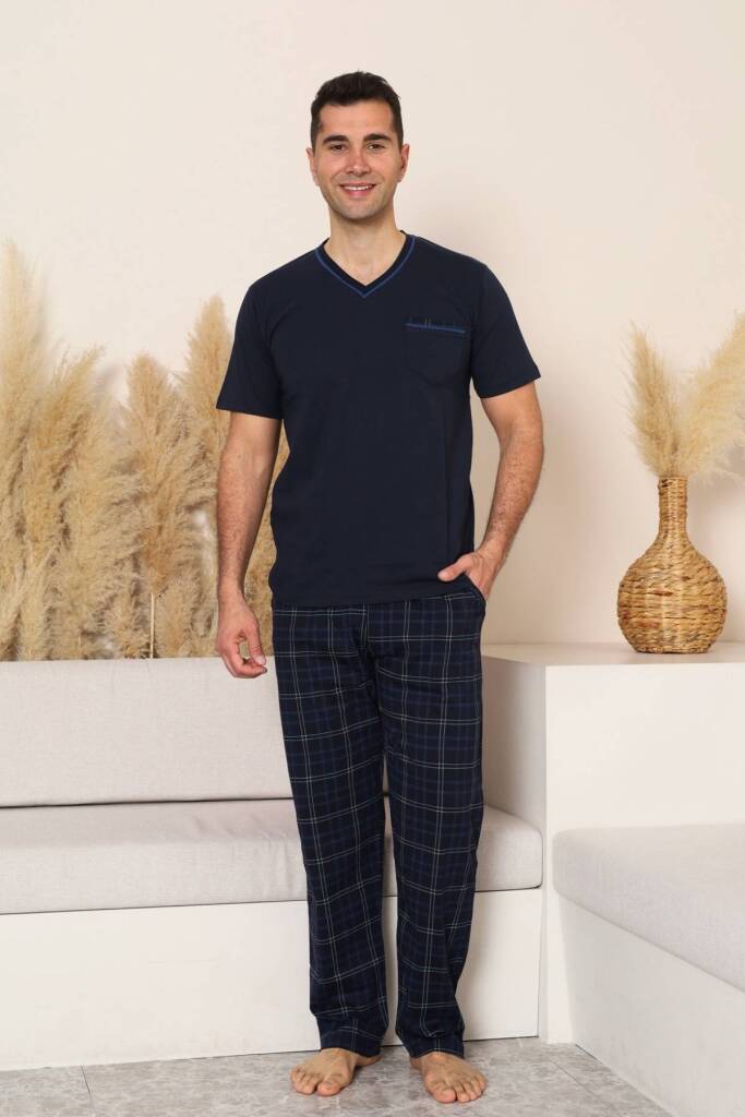 Erkek Pijama Takımı - Lacivert Kareli V Yaka Kısa Kollu Penye 1225KY - 1