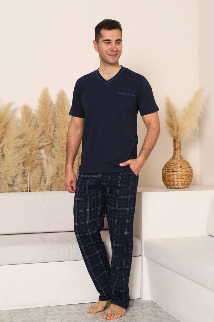 Erkek Pijama Takımı - Lacivert Kareli V Yaka Kısa Kollu Penye 1225KY - 2