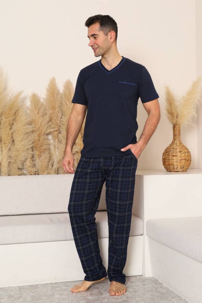 Erkek Pijama Takımı - Lacivert Kareli V Yaka Kısa Kollu Penye 1225KY - 3