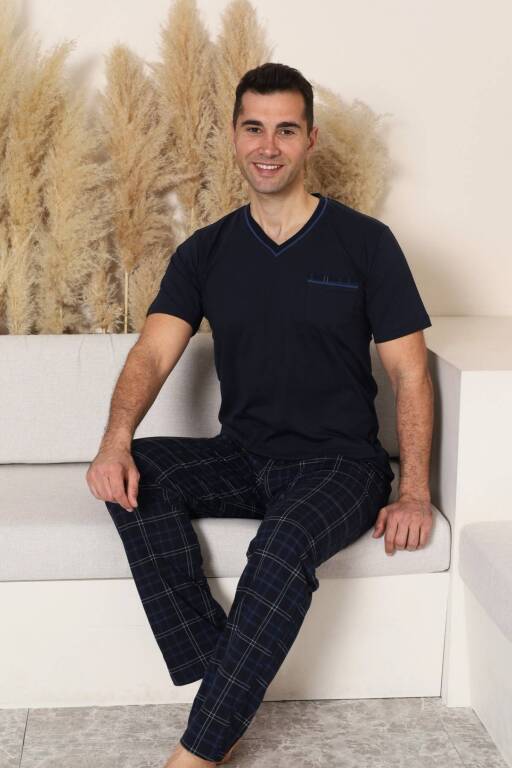 Erkek Pijama Takımı - Lacivert Kareli V Yaka Kısa Kollu Penye 1225KY - 4